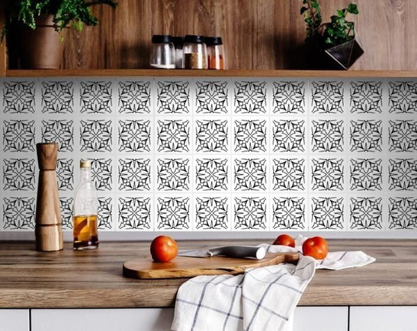 7" X 7" White and Black Cross Peel and Stick Removable Tiles N270-399933
