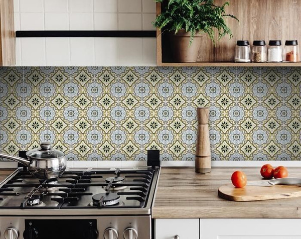 4" X 4" Taupe and Blue Scroll Peel and Stick Tiles N270-400045