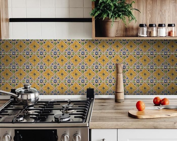 8" X 8" Yellow Blue Provence Peel and Stick Removable Tiles N270-400081