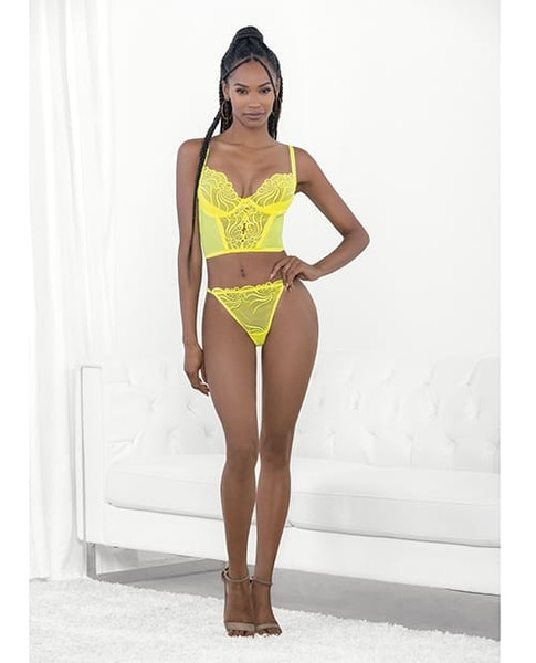 Neon Lace Corset Top w/Ring Accent & Panty Neon Lime LG X615-EH72197-NL-L0
