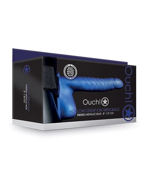 Shots Ouch 8" Ribbed Hollow Strap On w/Balls - Metallic Blue X615-SHTOU817MBL
