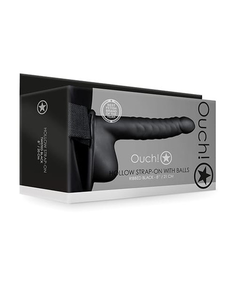 Shots Ouch 8" Ribbed Hollow Strap On w/Balls - Black X615-SHTOU817BLK