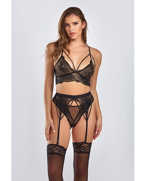 Everly Dot Mesh & Galloon Lace Strappy Bra, Garterbelt & Hipster Panty Black 1X X615-ICC77068-BK-1X
