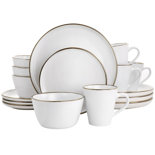Elama Arthur 16 Piece Stoneware Dinnerware Set in Matte White with Gold Rim D970-ELM-ARTHUR16