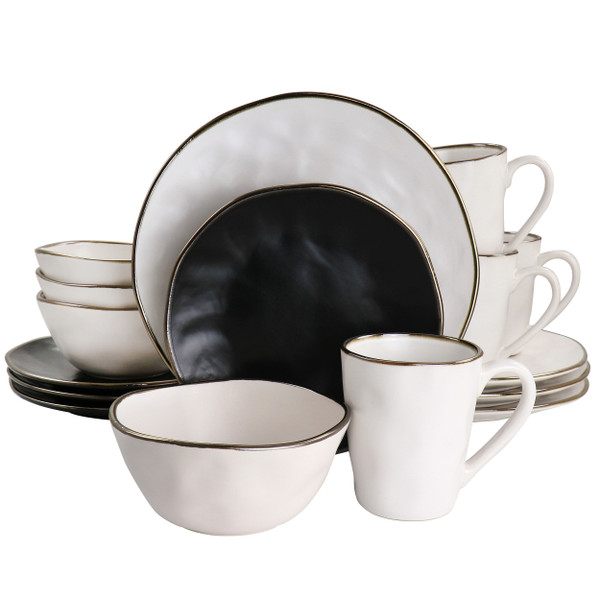 Elama Roman 16 Piece Stoneware Dinnerware Set in Assorted Matte with Gold Rim D970-ELM-ROMAN16