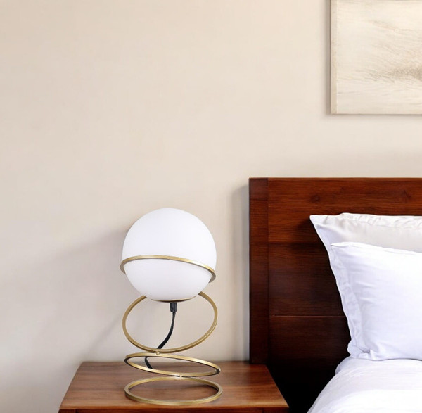 14" Gold Metal Geo Spiral Bedside Lamp With White Globe Shade N270-568839