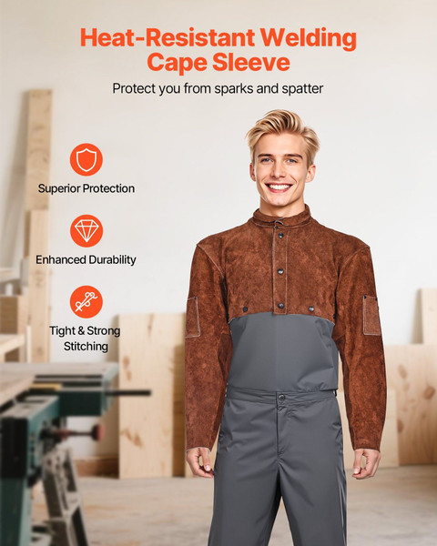 Leather Welding Cape Sleeve, Heavy Duty Flame Resistant Cowhide Safety Cape Sleeves for Men Women,  E415-DPKDPKNPXXLMOUMSM001V0