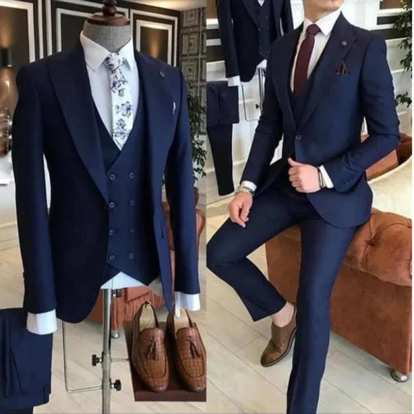 Color: Navy Blue, Size: XL, Ships From: CHINA - Groom Wear 3 Pieces Gray Men Suits 2021 Slim Fit Pe F640-12000020352854303