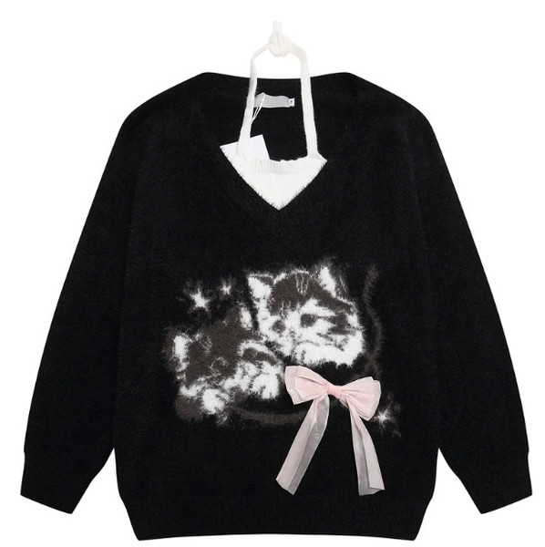Color: Black, Size: M - Polyester Women's Cute Cat Hair Fake Two Pieces Collar Sweater Q119-CJMY256560304DW