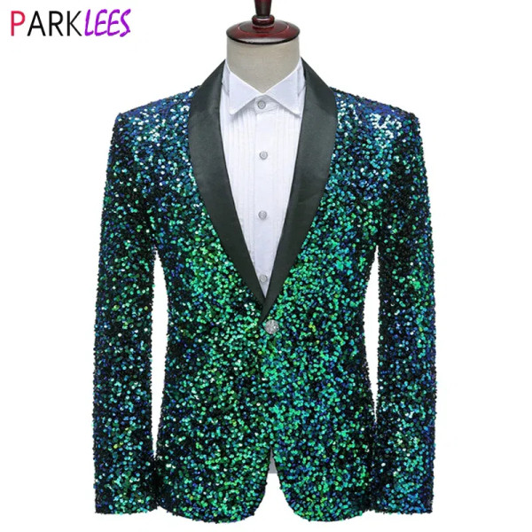 Color: Ivory, Size: M - Shiny Green Sequins Bling Glitter Blazer Men 2023 Shawl Collar One Button T F640-12000021421516665