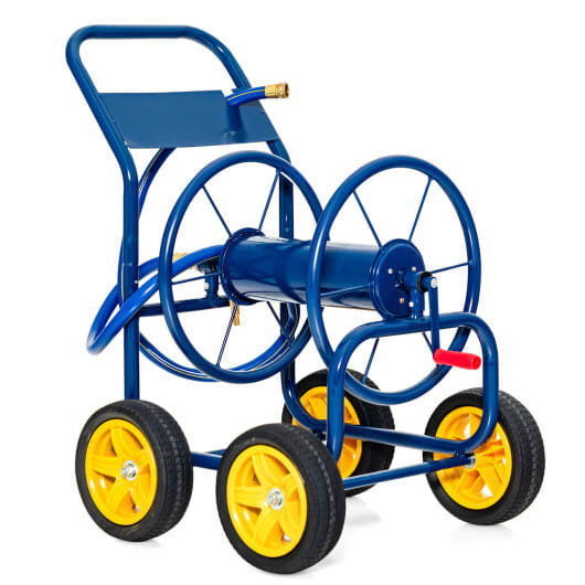 Garden Hose Reel Cart 4 Wheels Heavy-Duty Metal Water Hose Organizer Portable-Blue B593-GT3919