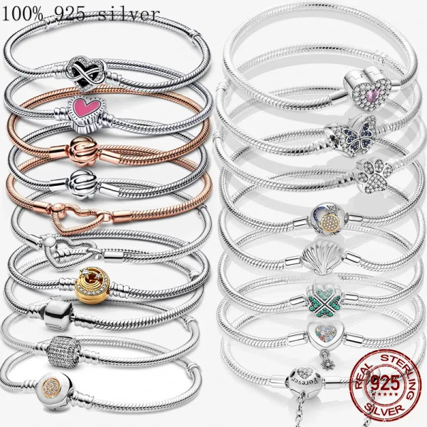 Gem Color: Apricot, Length: 20cm - 925 Silver Heart Snake Chain Bracelet For Women Infinite Knot Bu F640-12000033948001944