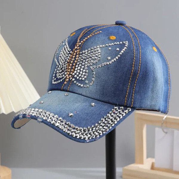 Color: Blue, Size: Adjustable - A Women?™s Sparkle Bling Rhinestone Bejeweled Cotton Denim Baseball F640-12000034698259497