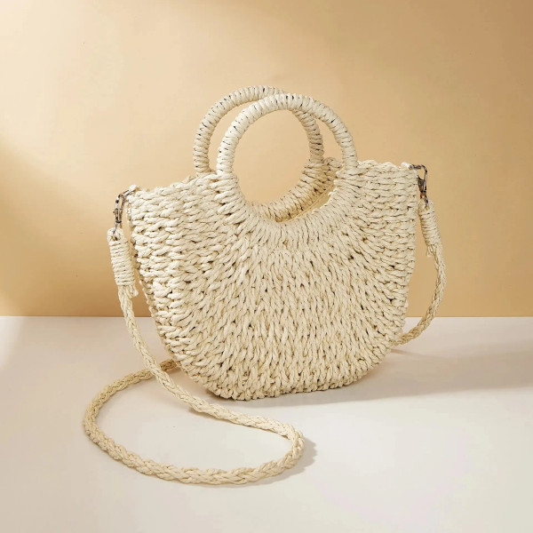 Color: Dark Grey - Handwoven Straw Rattan Half-Moon Beach Handbag Large Capacity Women Summer Hollo F640-12000036991521271