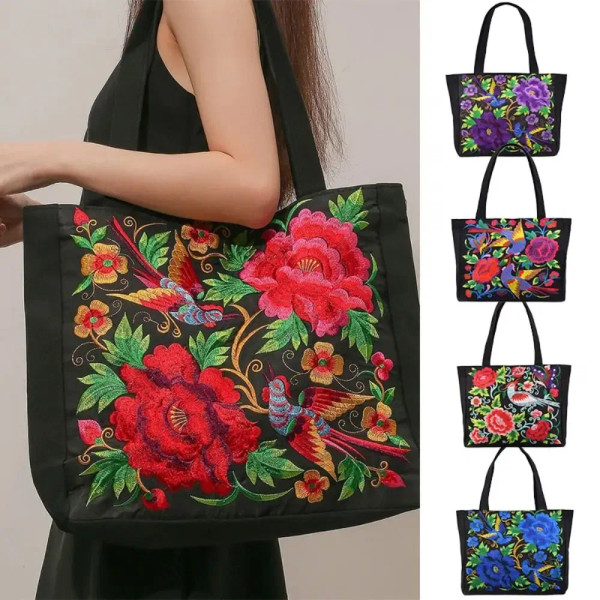 Color: GRAY - Ethnic Style Women Shoulder Bag Casual Canvas Large Capacity Embroidered Tote Bag Han F640-12000039387557549