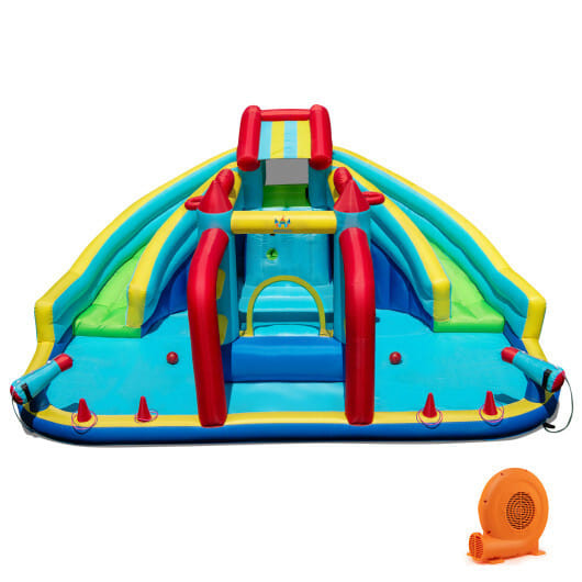 Inflatable Double Water Slide Park with 750W Blower and Obstacle Course B593-NP12496+ES10151US
