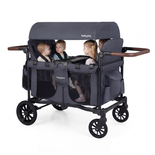 Wagon Stroller for 4 Kids Foldable 4-Seater Push-Pull Toddler Stroller-Gray - Color: Gray D681-BC10342GR