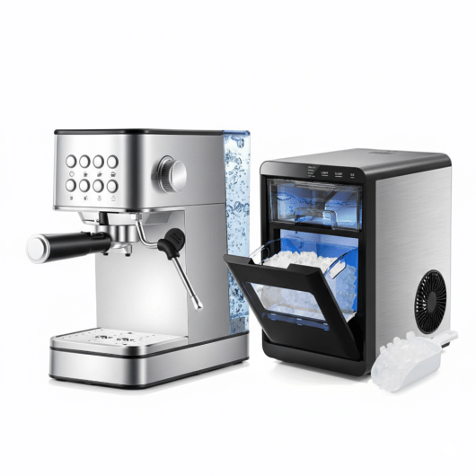 Premium Ice and Coffee Duo CNN-Acclaimed Nugget Ice Maker and 20-Bar Stainless Espresso Machine B593-B-ES10547US-BK+ES10585US-SL