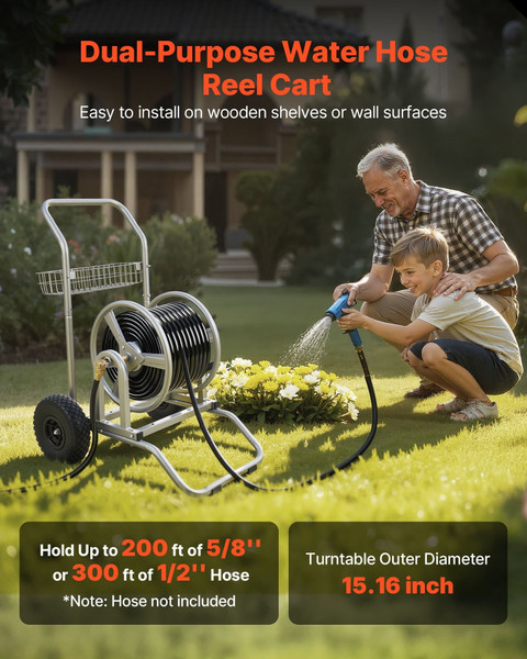 Water Hose Reel Cart, 200/300ft High-Pressure Garden Hose Cart, Hoses Reel Carts with Two Wheels, H E415-SGJPC2JLTG2YS8QFK001V0