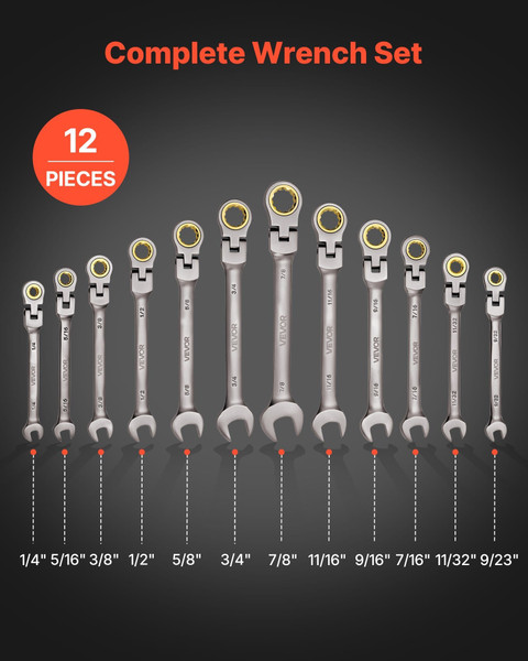 Flex-Head Ratcheting Wrench Set, 12-Piece SAE Sizes, 72 Teeth, Cr-V Steel Ratchet Flexible Combinat E415-ZXBSTZYTS12PXXW6U001V0