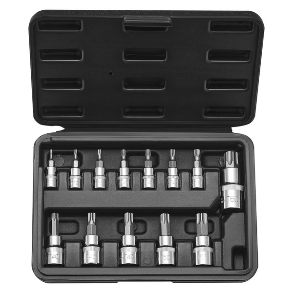Torx Bit Socket Set, 13-Piece Star T8 - T60 Set, S2 Alloy Steel and Cr-V Steel, 1/4 in, 3/8 in, and E415-PTTT143812TO25MKPV0