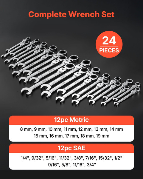 Flex-Head Ratcheting Wrench Set, 24-Piece SAE and Metric, 72 Teeth, Cr-V Steel Ratchet Flexible Com E415-ZXBSTZYTS24PXGDIW001V0