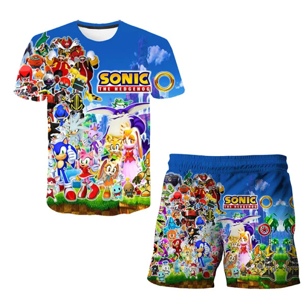 Color: DEEP BLUE, Size: M - New Japanese cartoon Sonic T-shirt children's top T-shirt shorts two-pi F640-12000044260152745