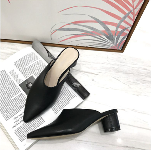Color: Black, Size: 38 - Leather Half Slippers Mules Versatile Thick Heel High Heel Slippers Q119-CJNS101881405EV