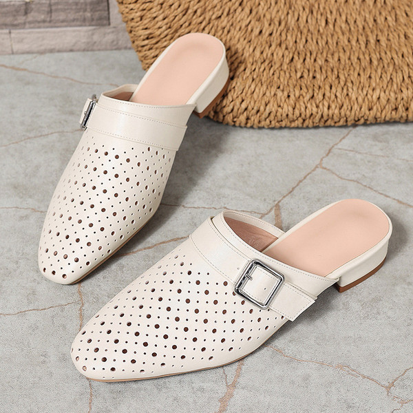 Color: White, Size: 37 - Closed-toe, Back-strap, Buckle-fastened Flat Womens Slippers Q119-CJNS277282702BY