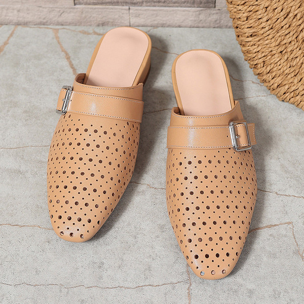 Color: Khaki, Size: 38 - Closed-toe, Back-strap, Buckle-fastened Flat Womens Slippers Q119-CJNS277282723WD