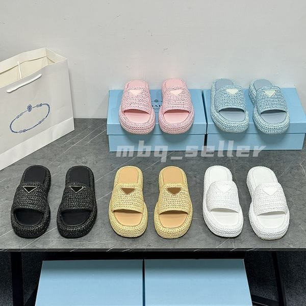 Color: Color 13 - Size: Eur 39 - With box Designer Women Slippers Triangle Platform Straw Slippers  Y829-1245093860750016577