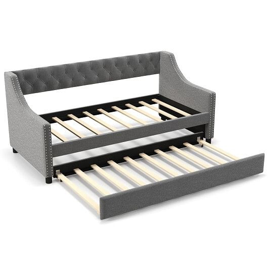 Twin Size Daybed with Trundle Sofa Bed with Curved Armrests and Backrest-Gray B593-HV10551+