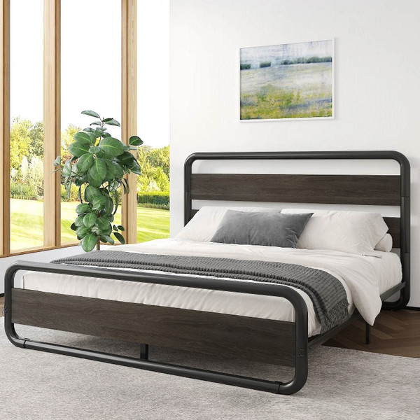 Full Heavy Duty Round Metal Frame Platform Bed with Black Wood Panel Headboard Q280-SFPBK549827416