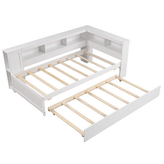 Twin Size Daybed Platform Bed Frame with Trundle and Bedside Shelves-White B593-HU10970+
