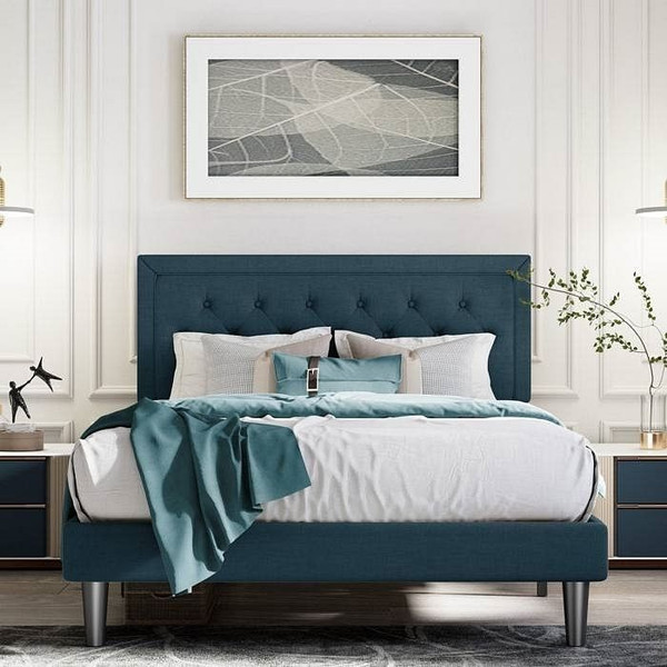 King Adjustable Height Platform Bed Frame with Blue Upholstered Headboard Q280-KIBL3099