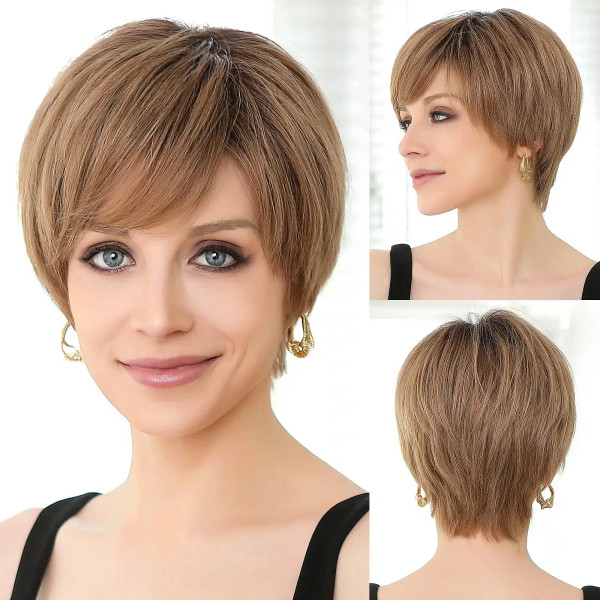 Hair Color: #1 - 100% Remy Human Hair Wigs Brown Short Pixie Cut Lace Front Wig for Women HD Transp F640-12000035269936644