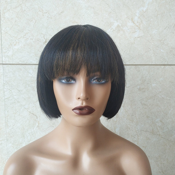 Color: Black, Wig size: 12inch - Double Drawn Short Bob Wig Brazilian Human Hair Fringe Wig Q119-CJZR121114503CX