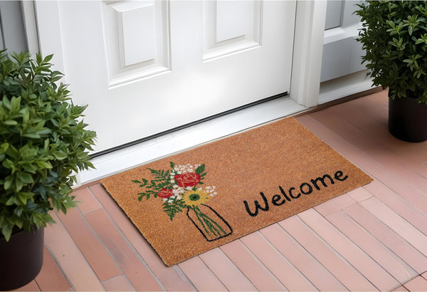 17" X 29" Natural Green and Black Coir Floral Welcome Outdoor Door Mat N270-555214