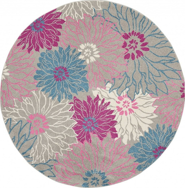 8' Gray Round Floral Dhurrie Area Rug N270-385429