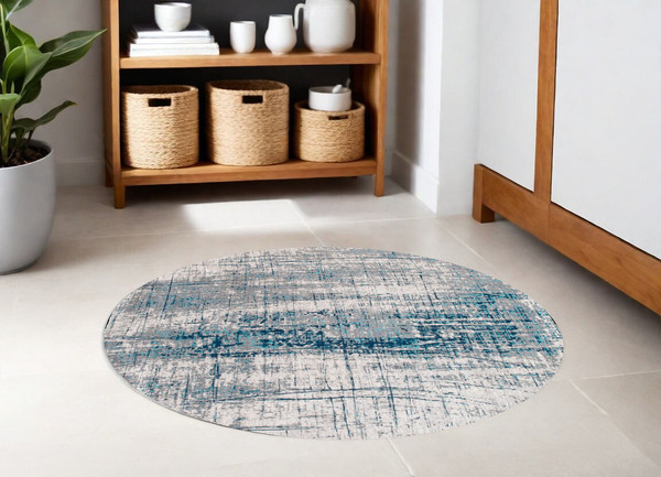 5' Blue and Gray Round Abstract Non Skid Area Rug N270-548410