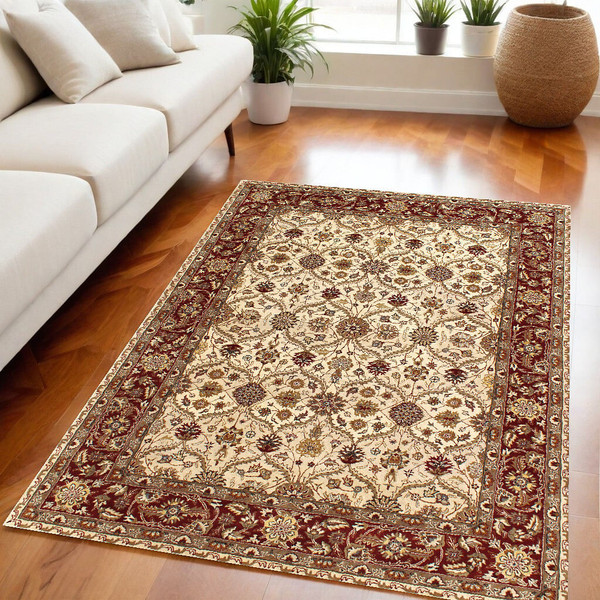 5' X 8' Ivory and Red Oriental Hand Tufted Non Skid Area Rug N270-558174