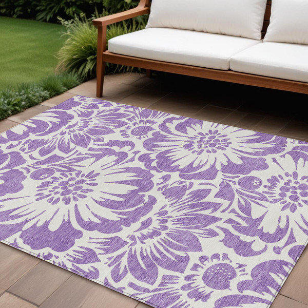 9' X 12' Purple and Ivory Floral Washable Non Skid Indoor Outdoor Area Rug N270-562522