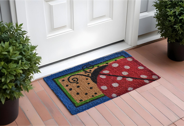 18" X 30" Blue and Brown Coir Ladybug Outdoor Door Mat N270-555487