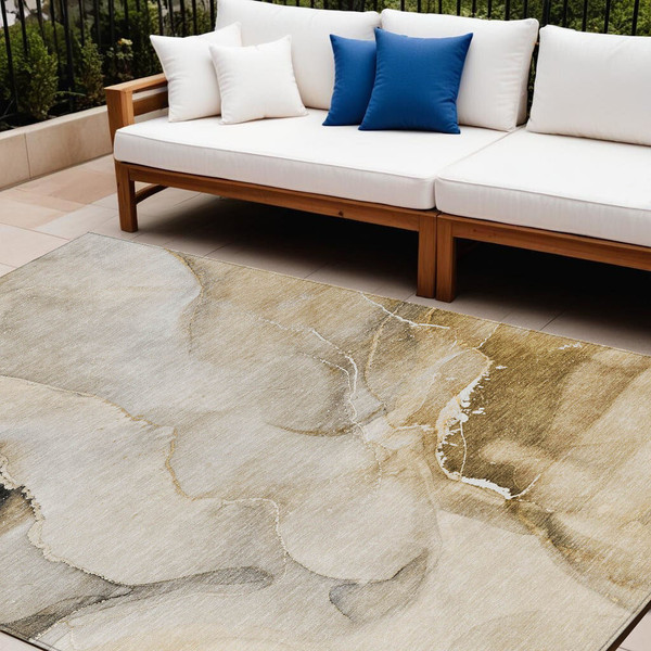 9' X 12' Beige and Brown Abstract Washable Indoor Outdoor Area Rug N270-560445
