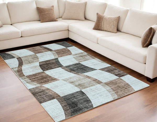 5' X 8' Beige Brown and Gray Checkered Area Rug N270-570040