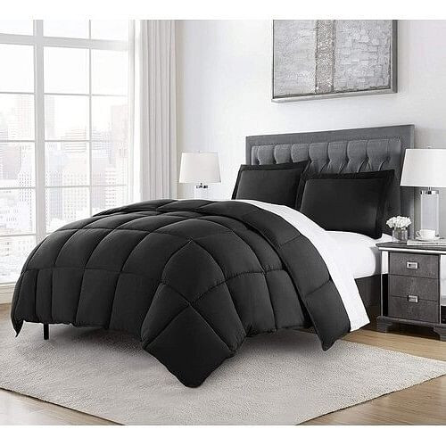 Queen Size Reversible Microfiber Down Alternative Comforter Set in Black Q280-BLQU7157