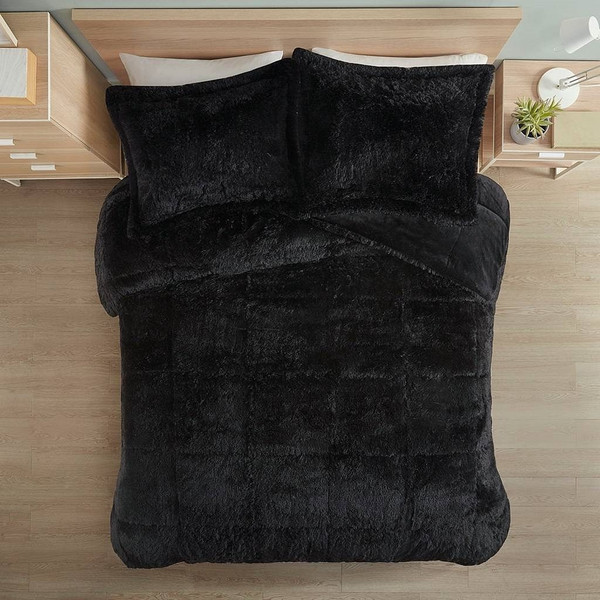 Full/Queen Black Soft Sherpa Faux Fur 3-Piece Comforter Set with Pillow Shams Q280-FQBLDLSC793465281