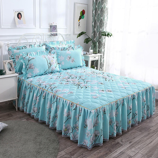 Color: White magnolia, Size: 200X220cmSingle bed skirt - Twill Thickened Bedspread Bed Skirt Single Q119-CJCZ122247036JQ
