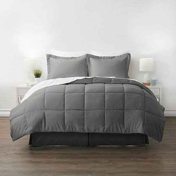 Queen Size 8-Piece Microfiber Reversible Bed-in-a-Bag Comforter Set in Grey Q280-YFRT3255