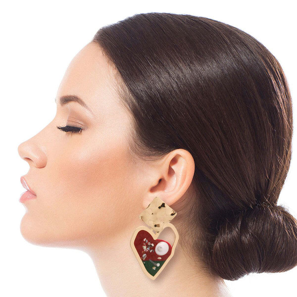 Gold and Red Resin Heart Earrings T226-9485883310399
